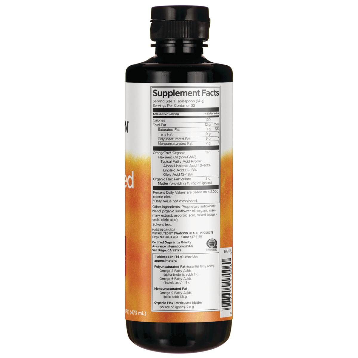 SWE006 | Back of flaxseed oil bottle with Supplement Facts and ingredients panel