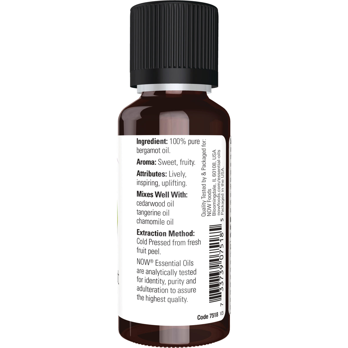 NWF1136 | Back label of amber essential oil bottle listing 100% pure bergamot oil, aroma, mixes, extraction method and barcode