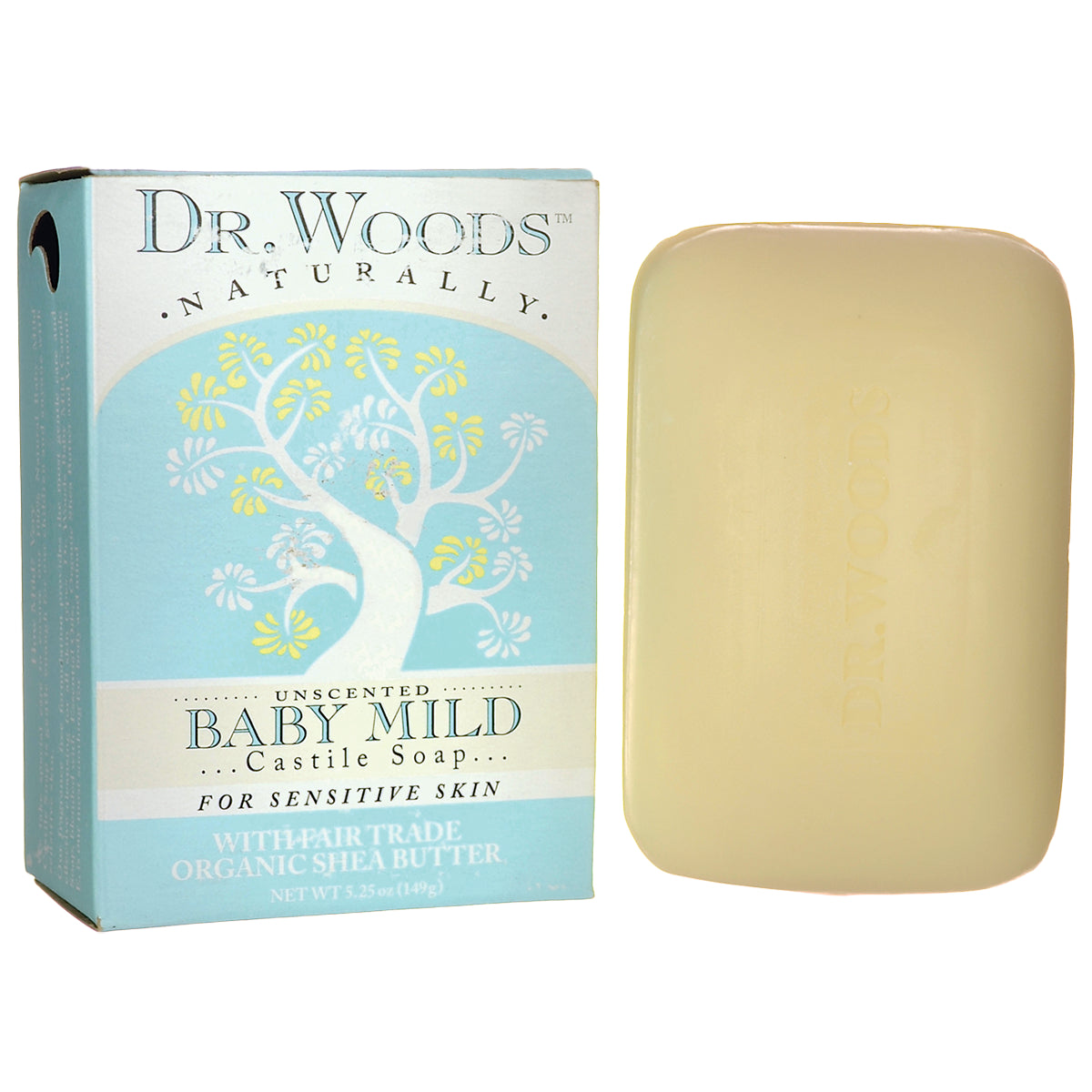 DRW016 | Dr. Woods Baby Mild Castile soap box and pale yellow bar shown side by side