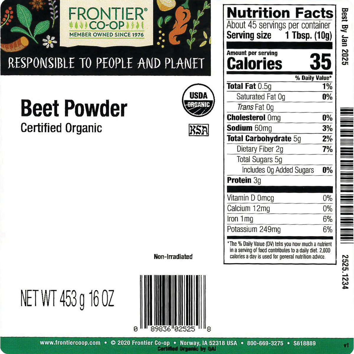 FNP388 | Back of Frontier Co-op Beet Powder certified organic package showing Nutrition Facts panel, barcode, and NET WT 453 g 16 OZ