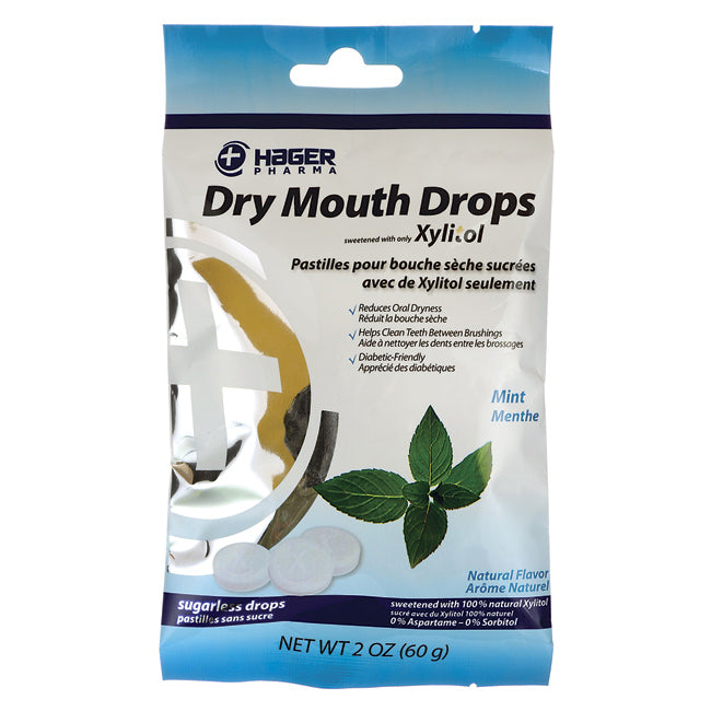 HGP009 | Hager Pharma Dry Mouth Drops pouch, mint flavor, sugarless xylitol pastilles, 2 oz front packaging