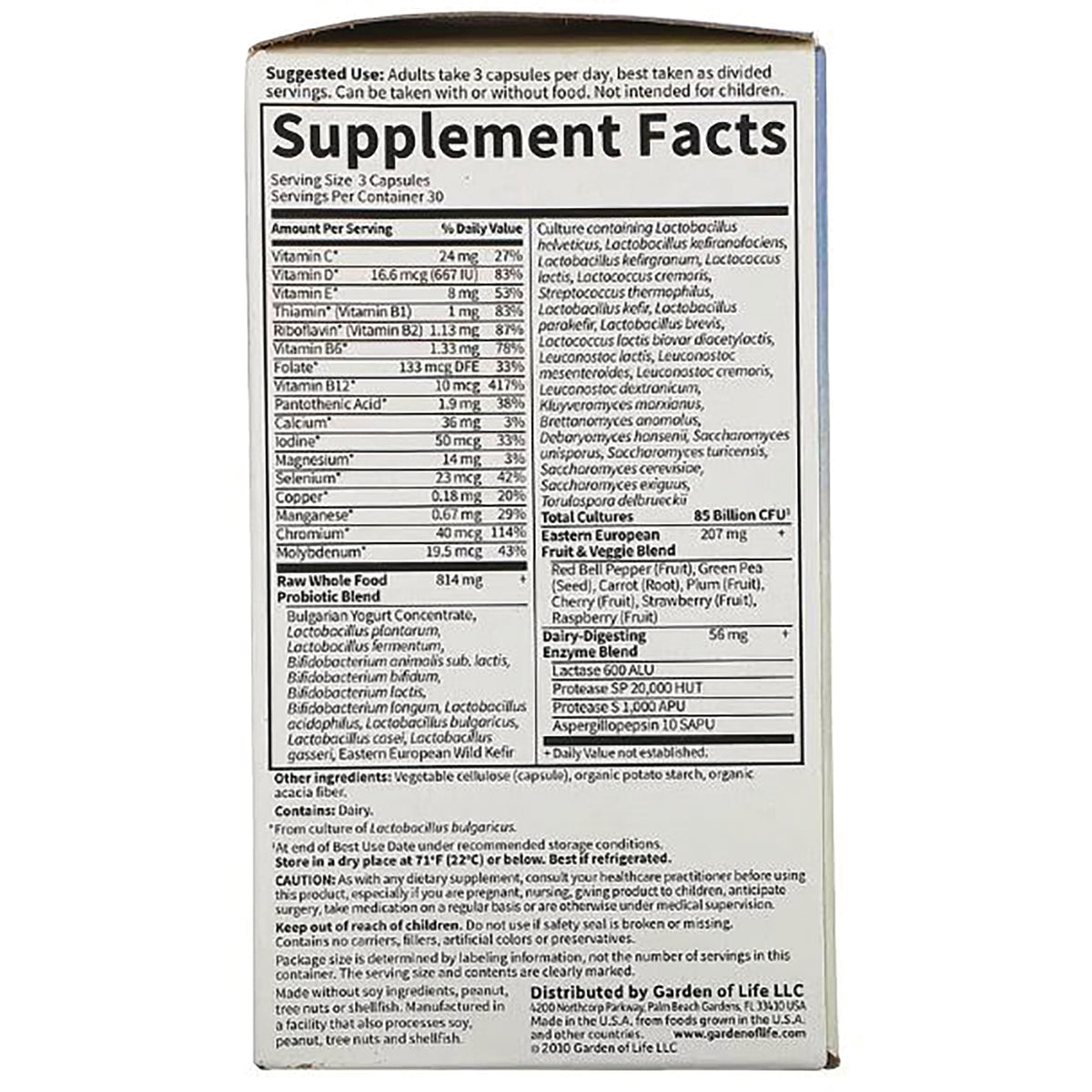 Supplement Facts panel listing vitamins, probiotic blend, directions and other ingredients on product back