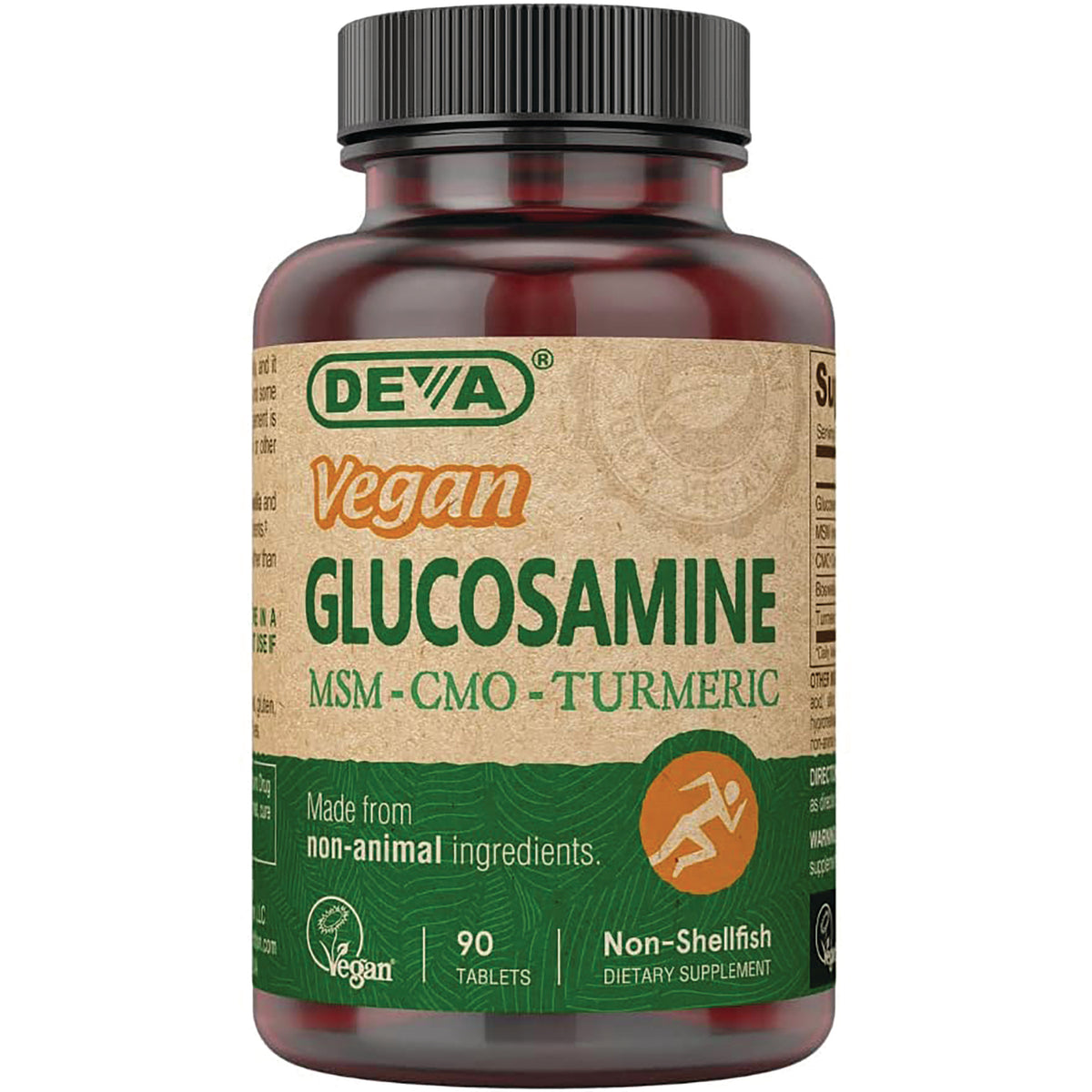 DEV010 | Brown supplement bottle labeled DEVA Vegan GLUCOSAMINE MSM-CMO-TURMERIC, 90 tablets, non-animal ingredients