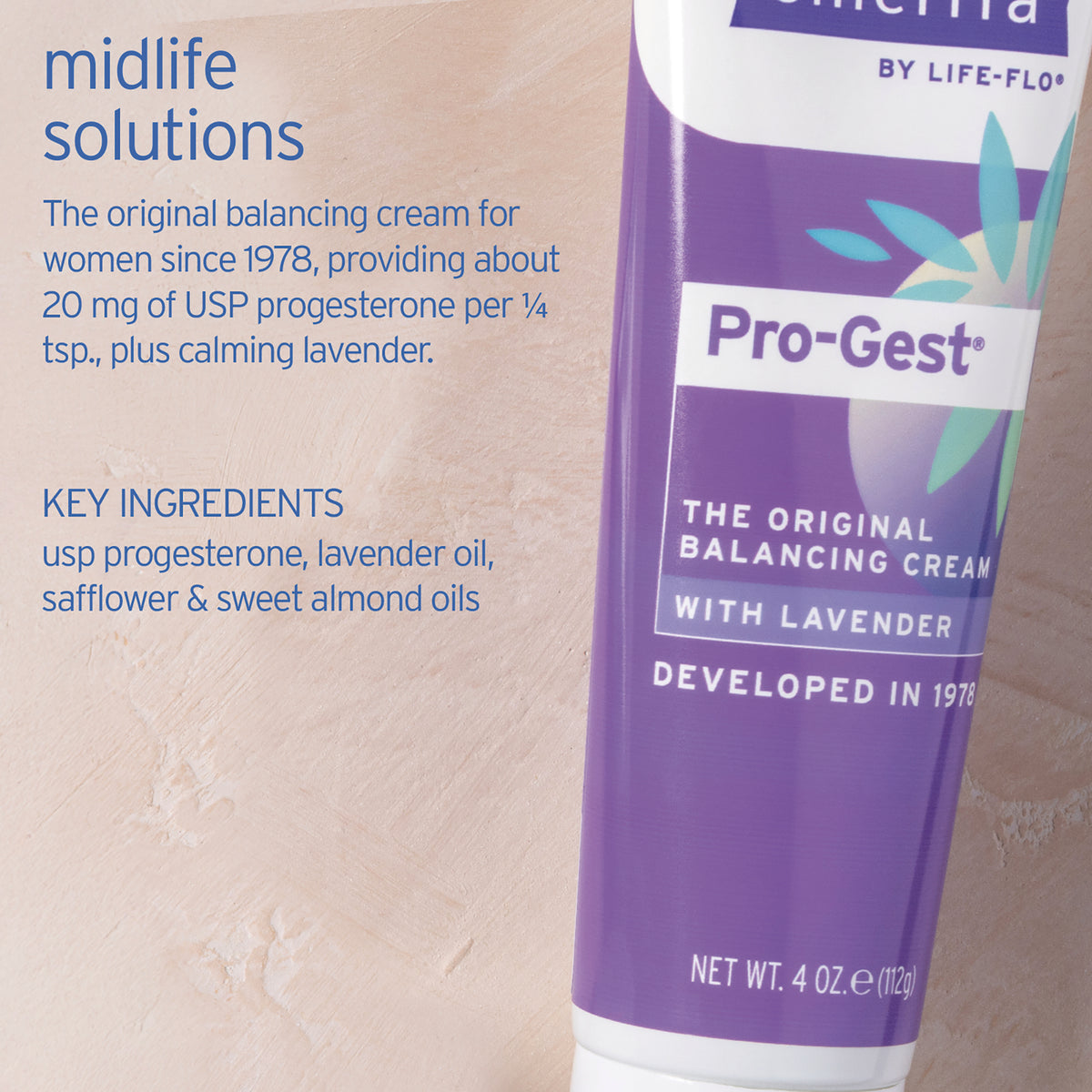 EMR032 | back of purple Pro-Gest balancing cream tube showing key ingredients including USP progesterone and net wt 4 oz