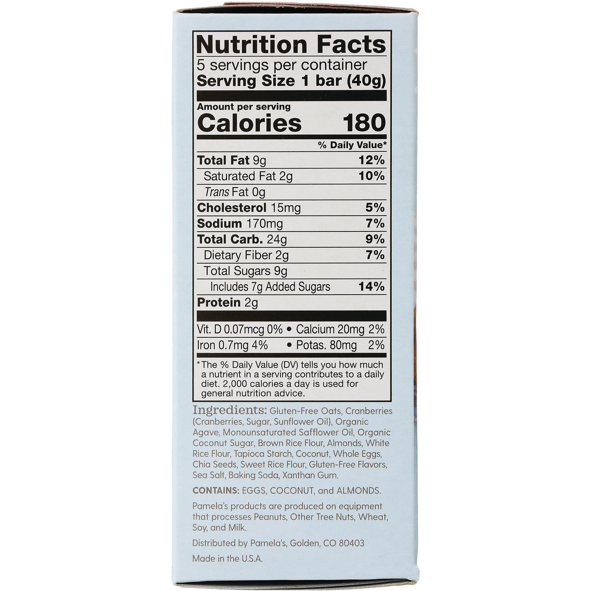 PAM011 | Back panel with Nutrition Facts showing 180 calories and ingredient list