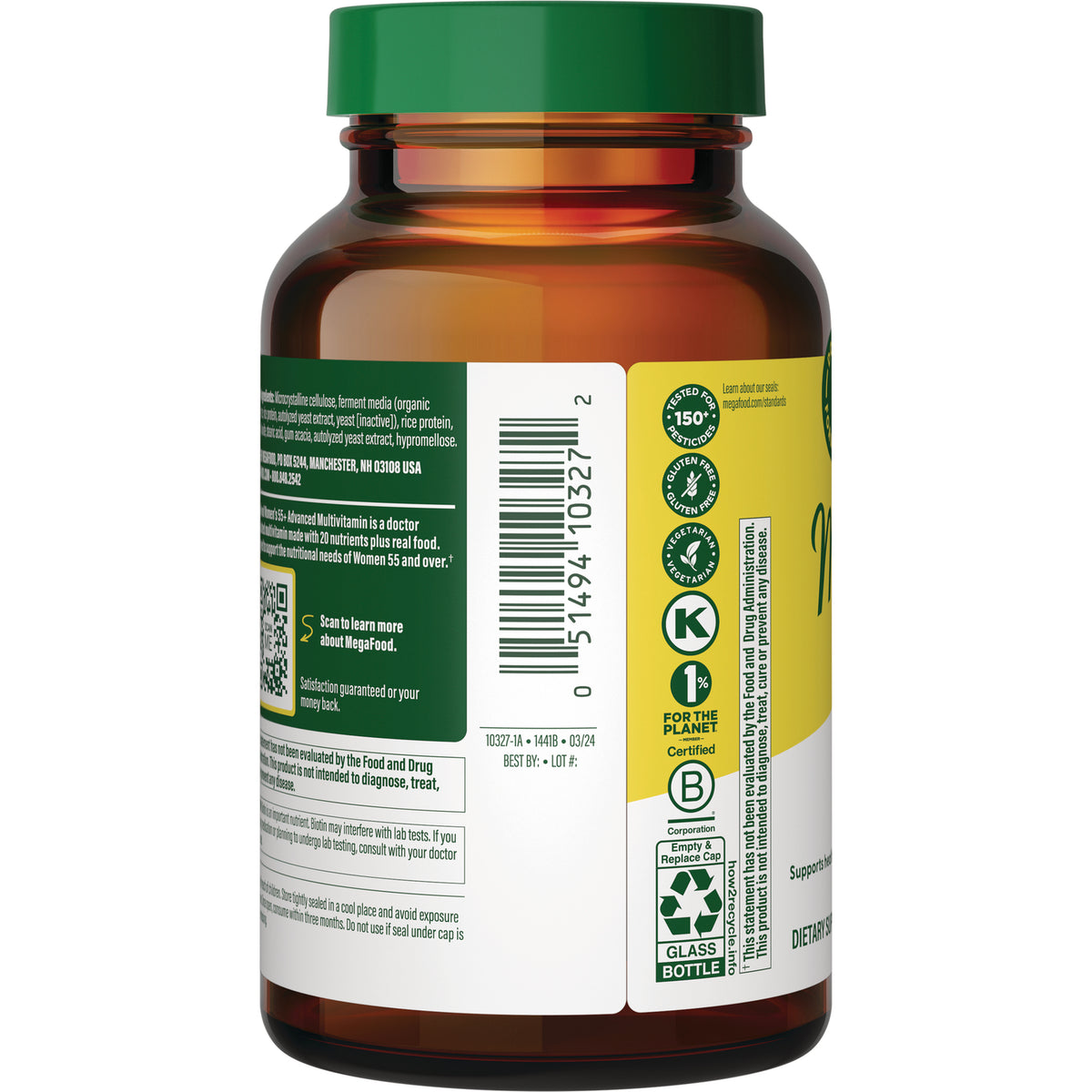 MGF074 | back of amber supplement bottle showing barcode, ingredient panel and certification icons