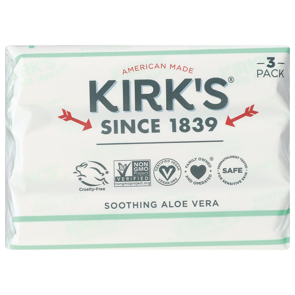 KIR013 | Kirk's soap package front labeled KIRK'S SINCE 1839 SOOTHING ALOE VERA with certification icons - Thumbnail