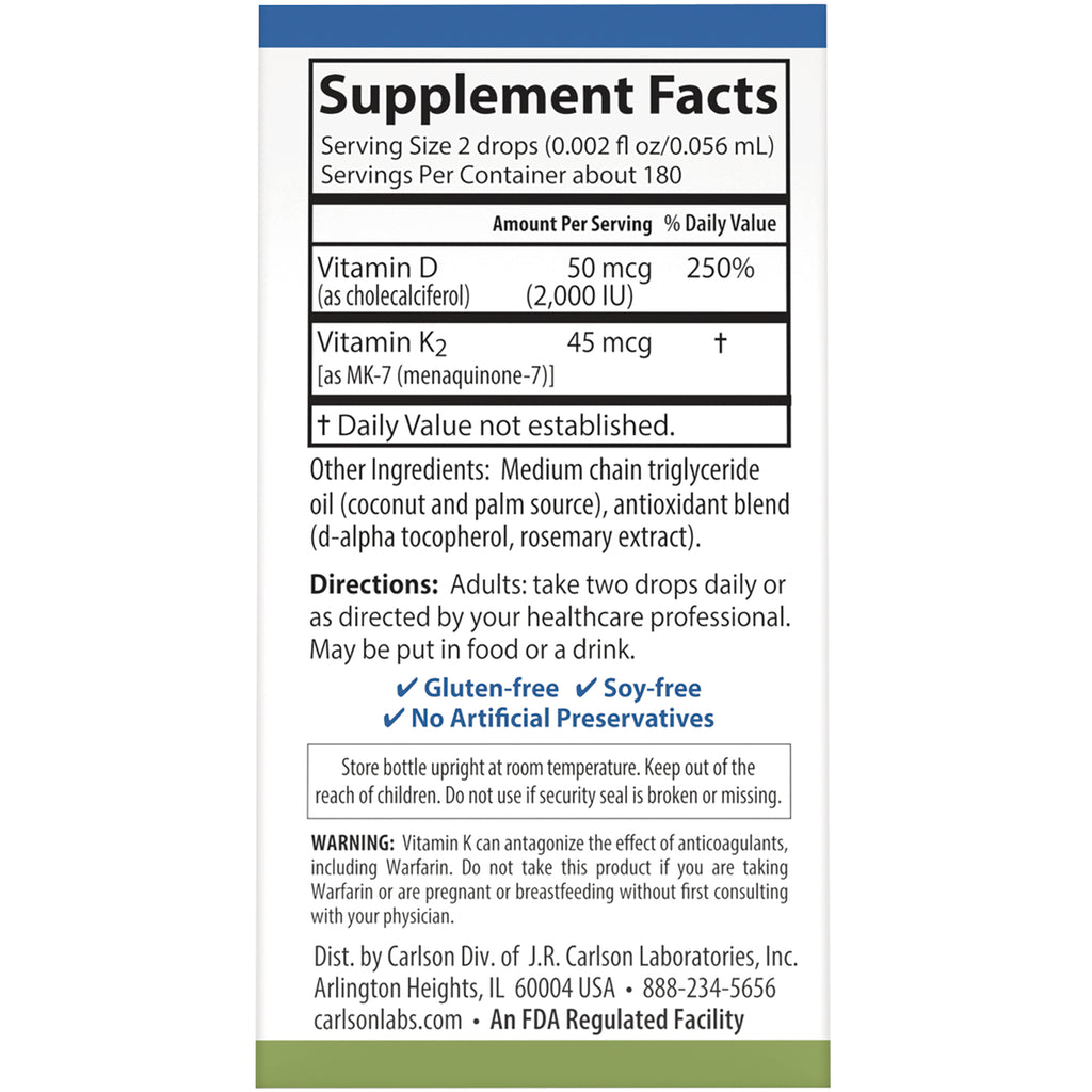 CSN264 | supplement facts and directions panel showing Vitamin D 50 mcg, Vitamin K2 45 mcg, warnings and storage information - Thumbnail