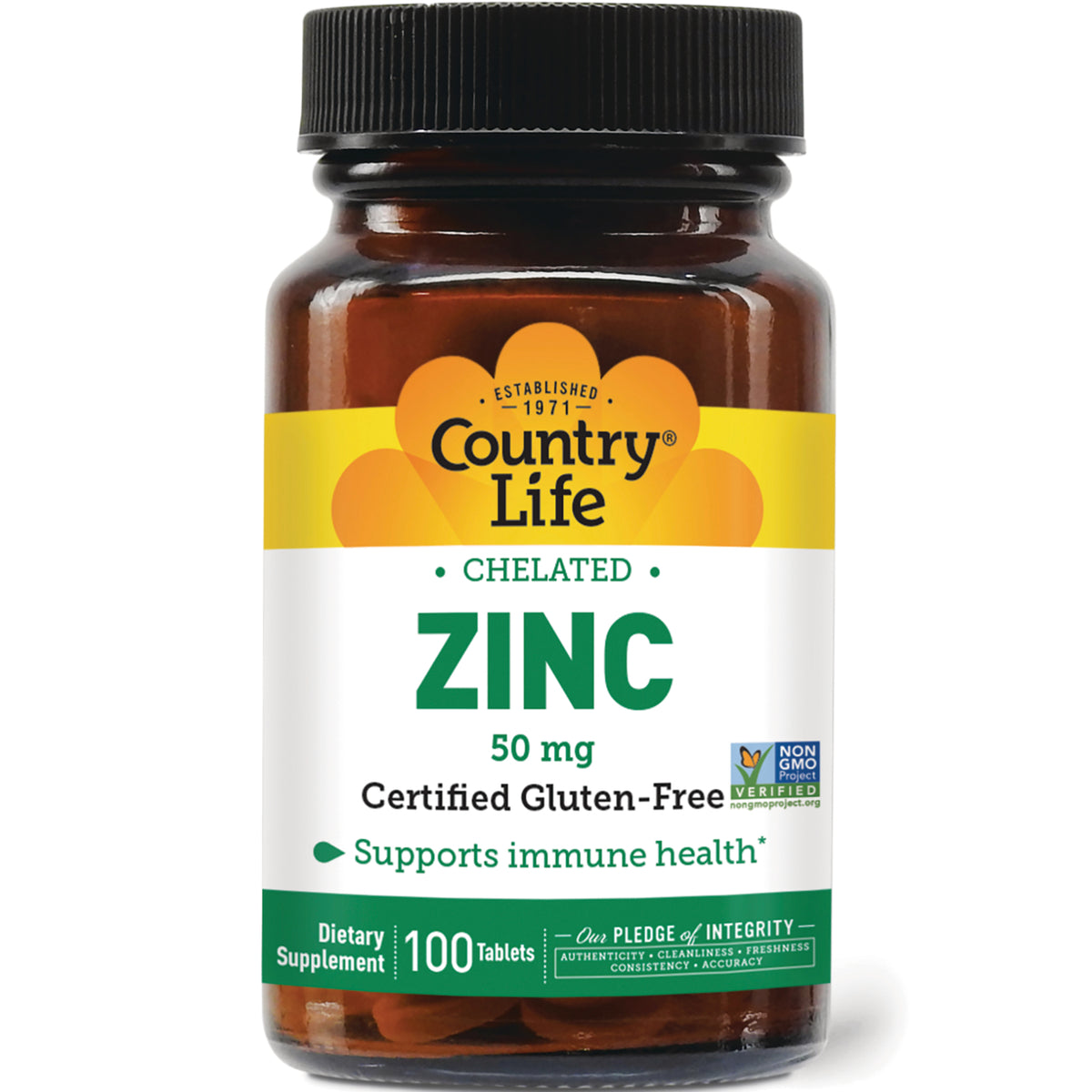 CRL382 | Country Life chelated zinc 50 mg bottle labeled Certified Gluten-Free, supports immune health, 100 tablets