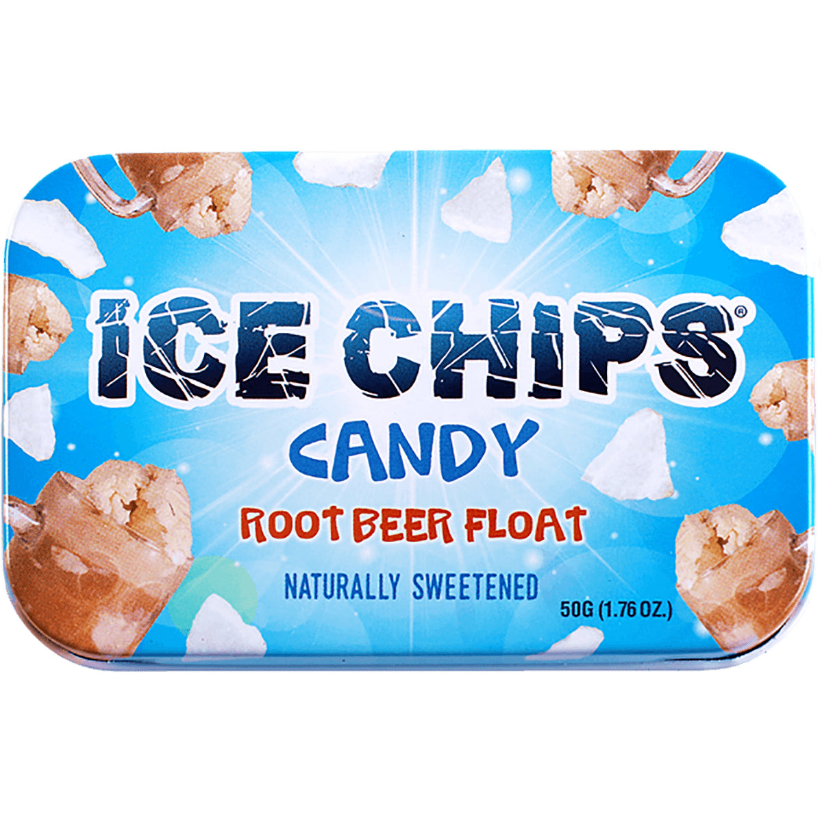 IC007 | ICE CHIPS candy tin front showing Root Beer Float flavor and naturally sweetened label