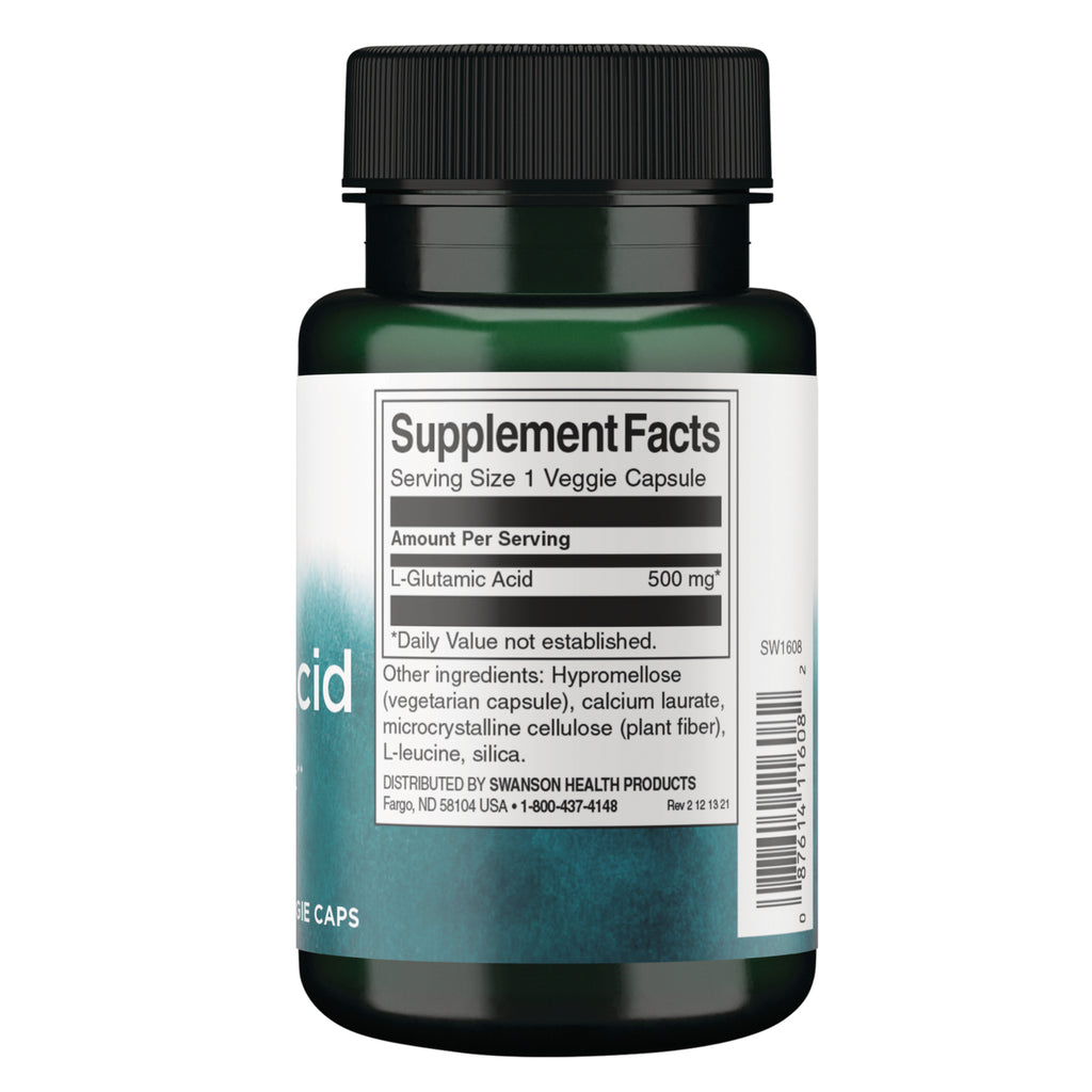 SW1608 | Back label with Supplement Facts for L-Glutamic Acid 500 mg, serving size 1 veggie capsule - Thumbnail