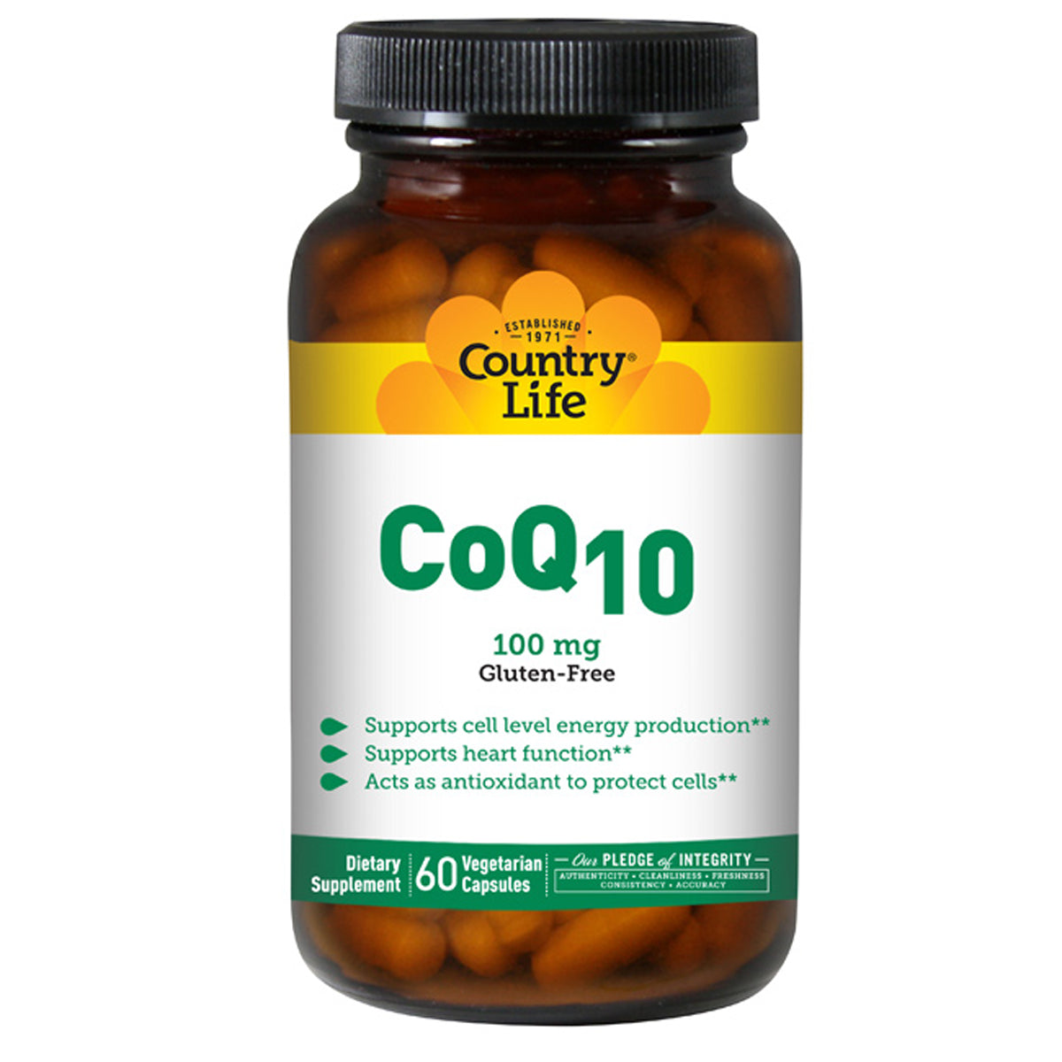 CRL169 | Country Life CoQ10 100 mg bottle, 60 vegetarian capsules, front label showing benefits
