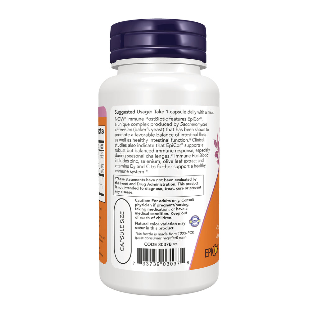 NWF946 | Back label of NOW Immune PostBiotic capsule bottle with usage directions, warnings, and barcode - Thumbnail