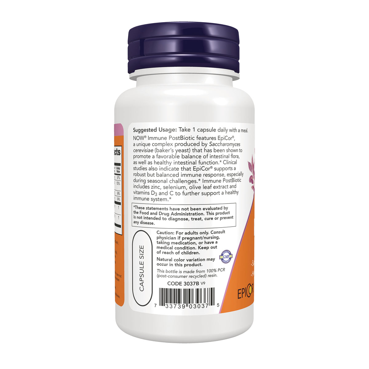 NWF946 | Back label of NOW Immune PostBiotic capsule bottle with usage directions, warnings, and barcode