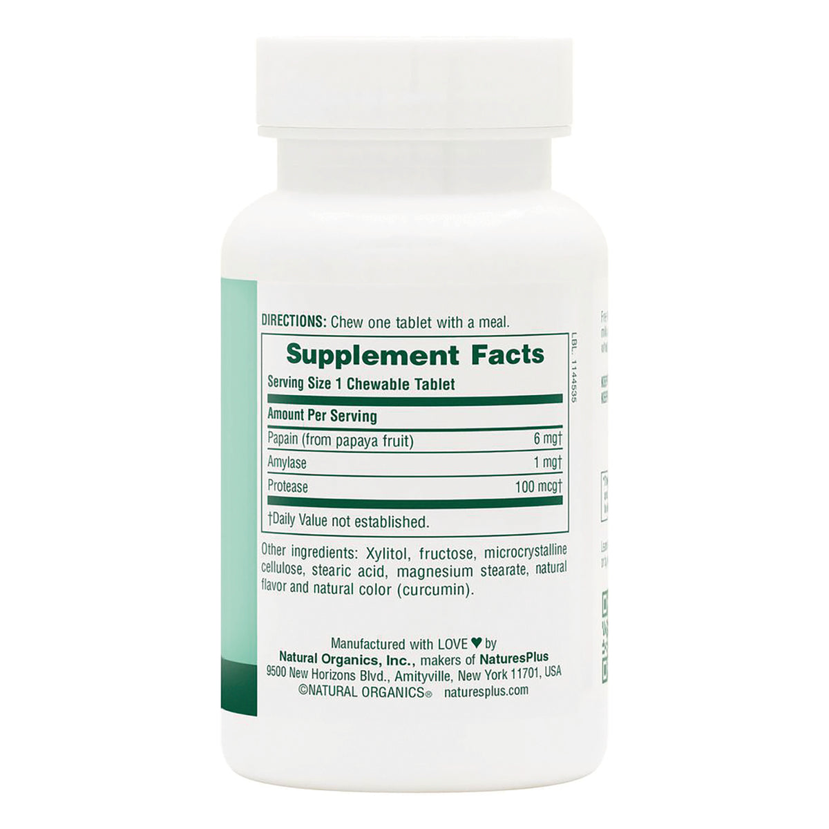 NTP142 | Back label with Supplement Facts panel showing serving size 1 chewable tablet and enzymes papain, amylase, protease