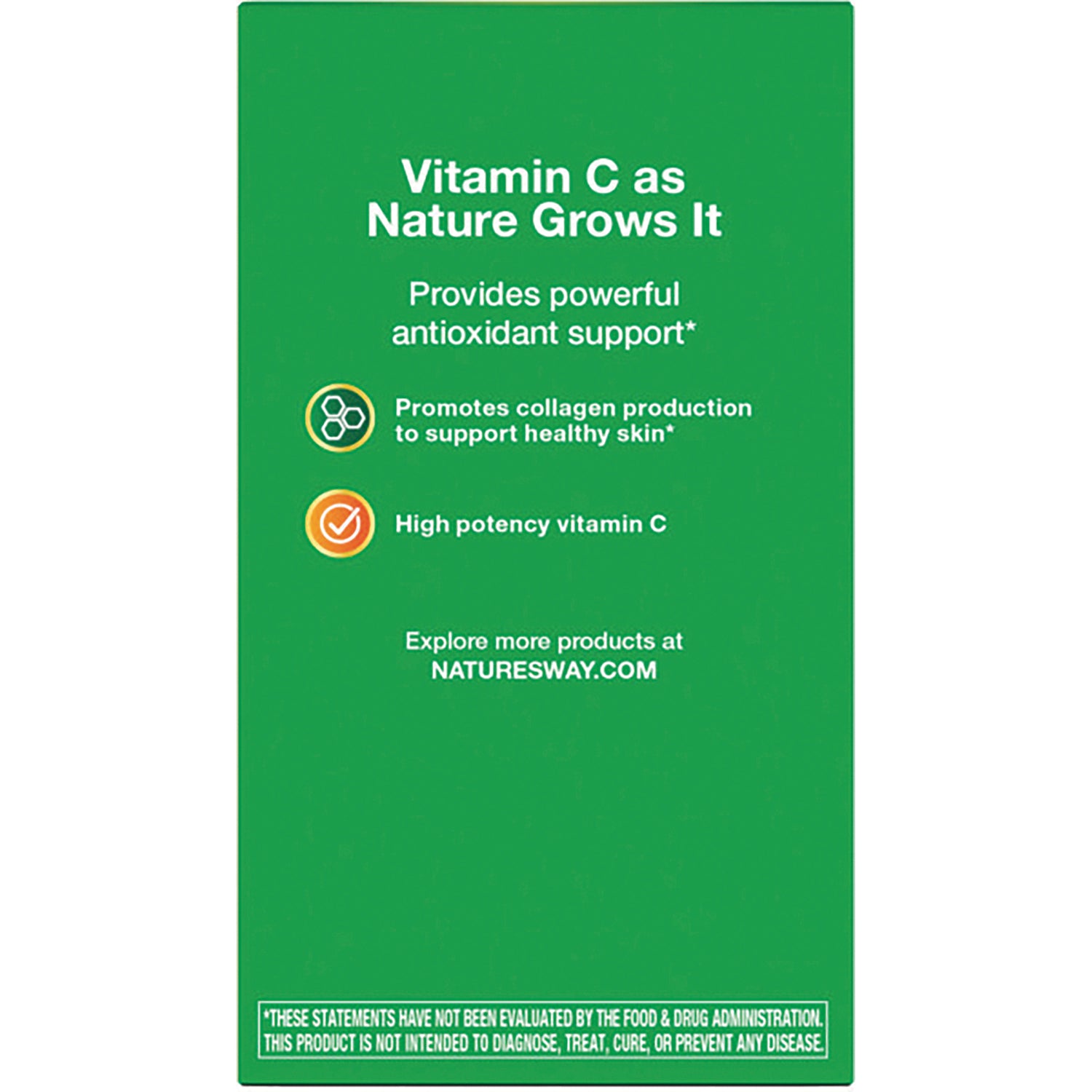 NW649 | Green back panel reading Vitamin C as Nature Grows It, lists antioxidant support, collagen production, high potency vitamin C and NATURESWAY.COM