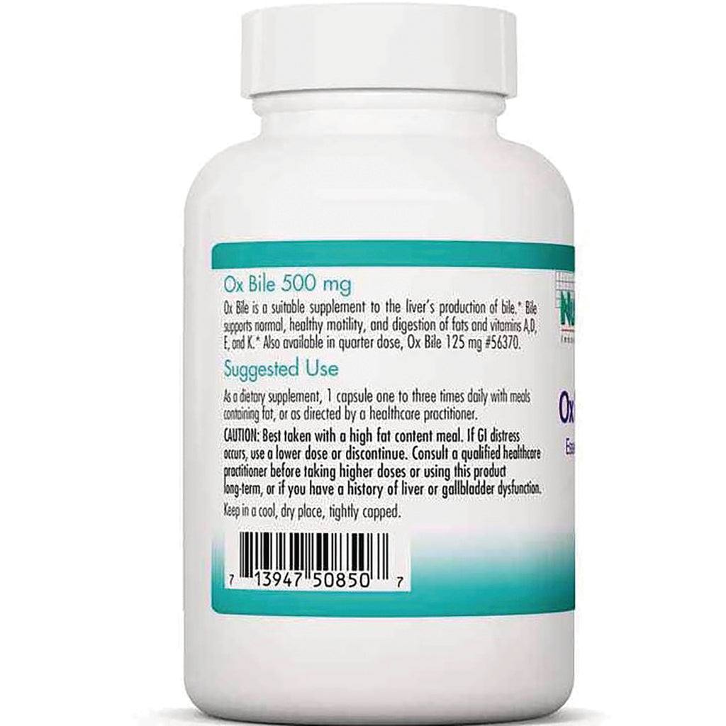 NCL013 | Back label of white supplement bottle showing Ox Bile 500 mg, suggested use text and barcode - Thumbnail