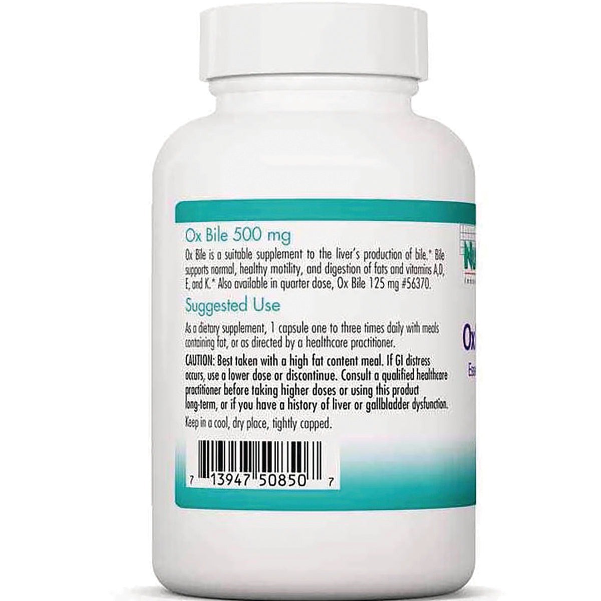 NCL013 | Back label of white supplement bottle showing Ox Bile 500 mg, suggested use text and barcode