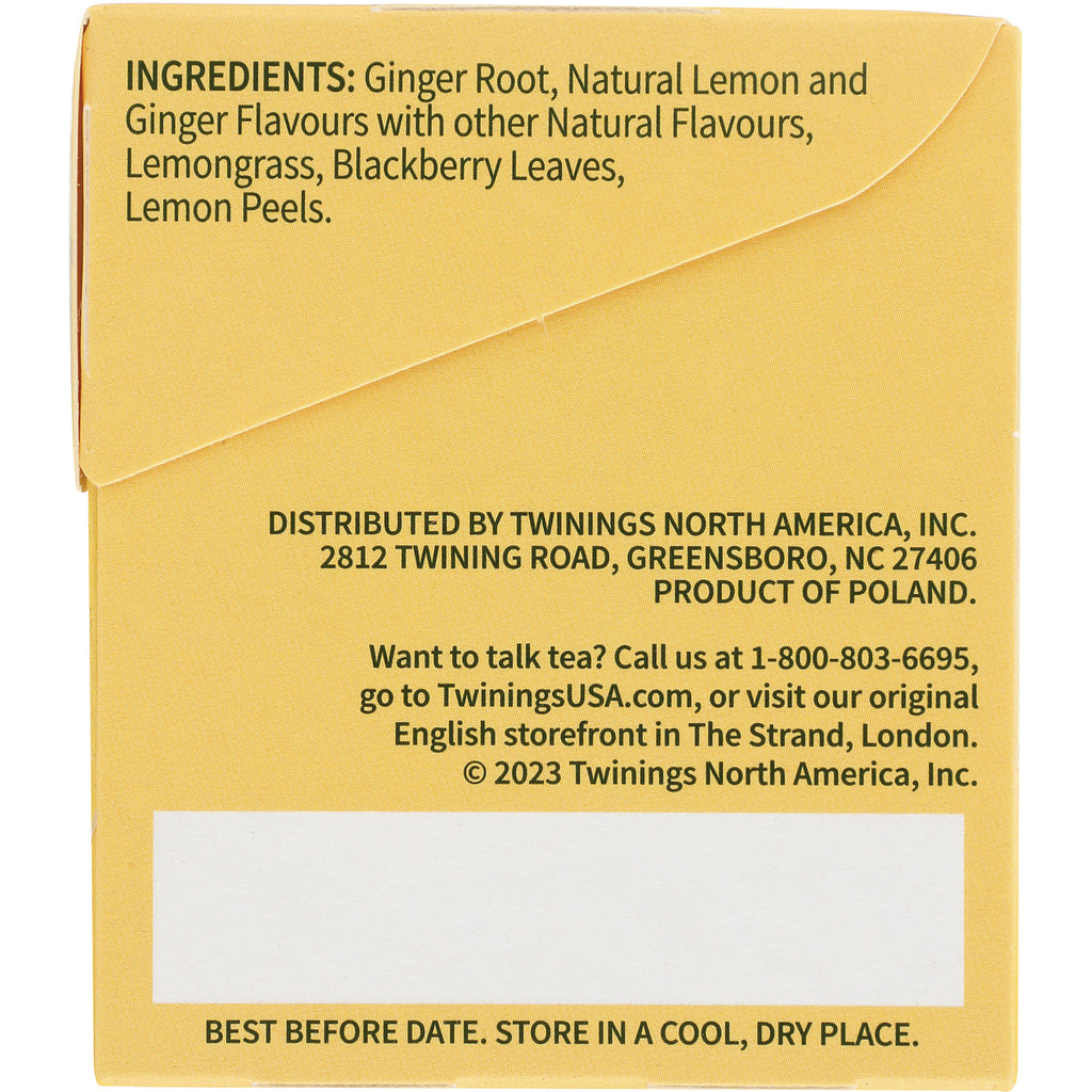 TWN017 | Back of Twinings tea box with ingredients: ginger root, lemon and ginger flavours, lemongrass, blackberry leaves - Thumbnail