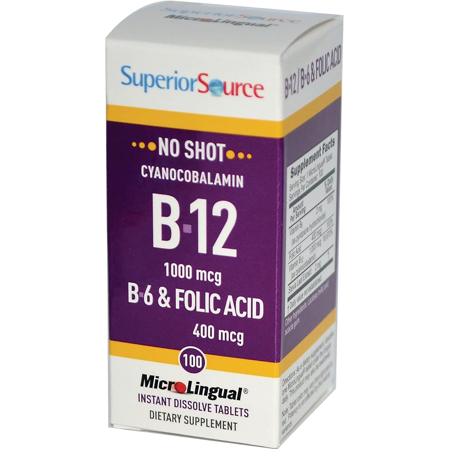 SUS003 | Superior Source B-12 1000 mcg with B-6 & Folic Acid 400 mcg, No Shot MicroLingual tablets, 100 count box