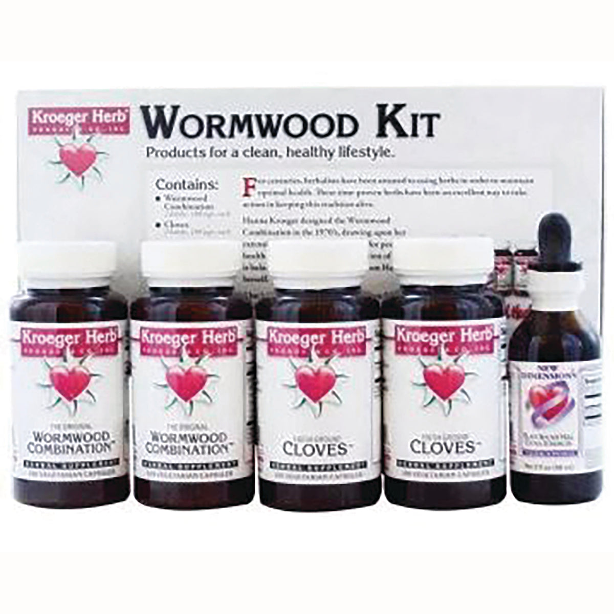KRG011 | Kroeger Herb Wormwood kit with four supplement bottles and one tincture bottle, front view