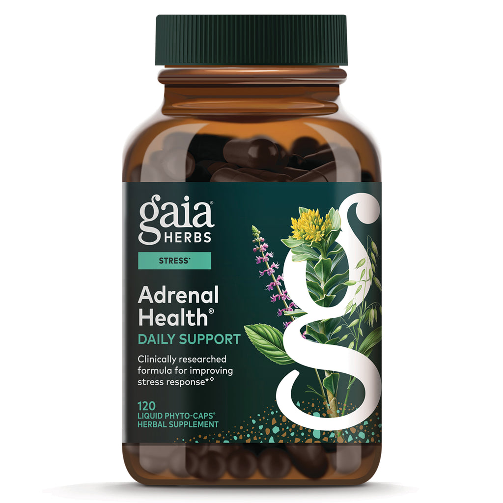 GH041 | Gaia Herbs Adrenal Health daily support bottle, amber jar with green label and botanical illustration showing 120 liquid phyto-caps - Thumbnail