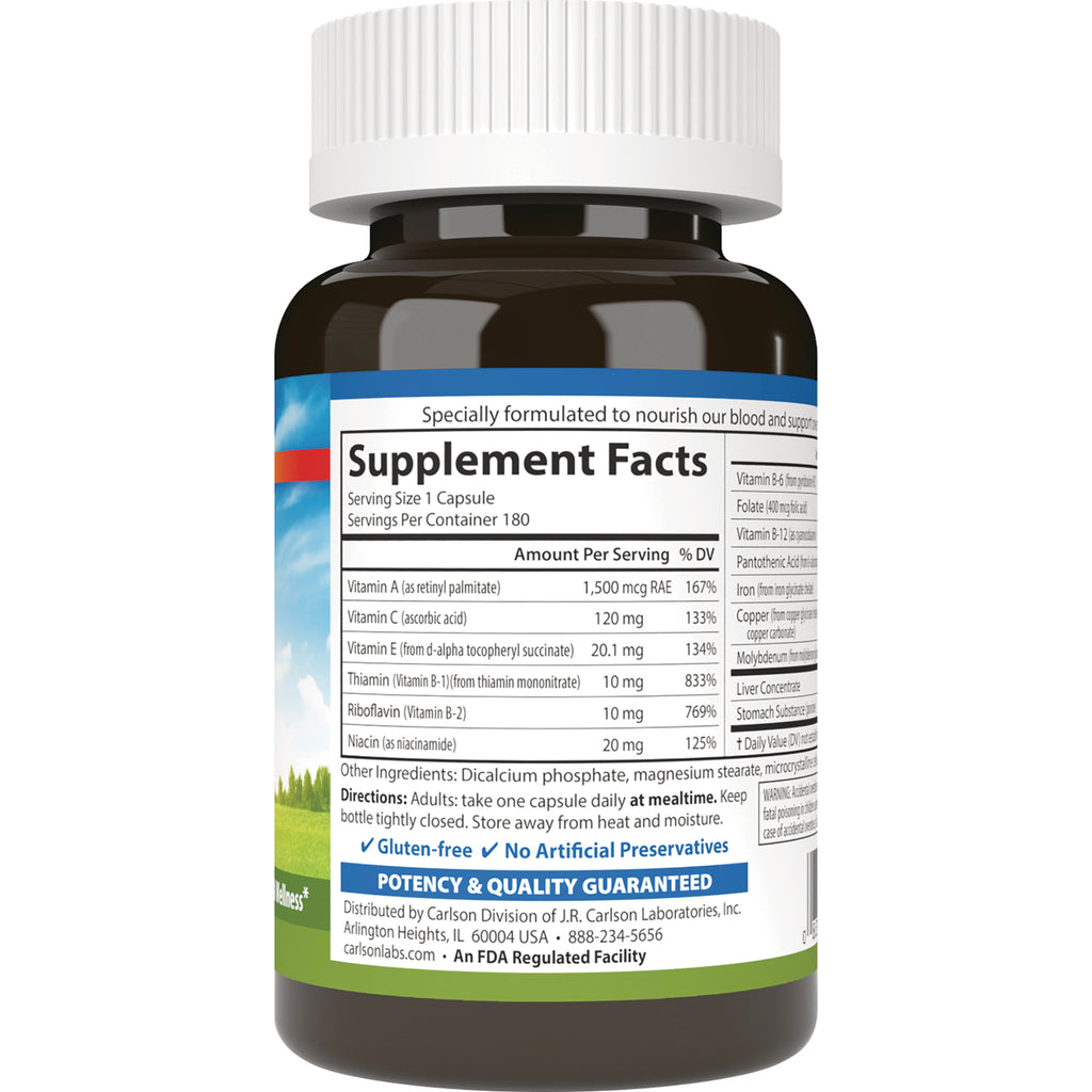Back of brown supplement bottle showing Supplement Facts panel and nutrition facts table - Thumbnail