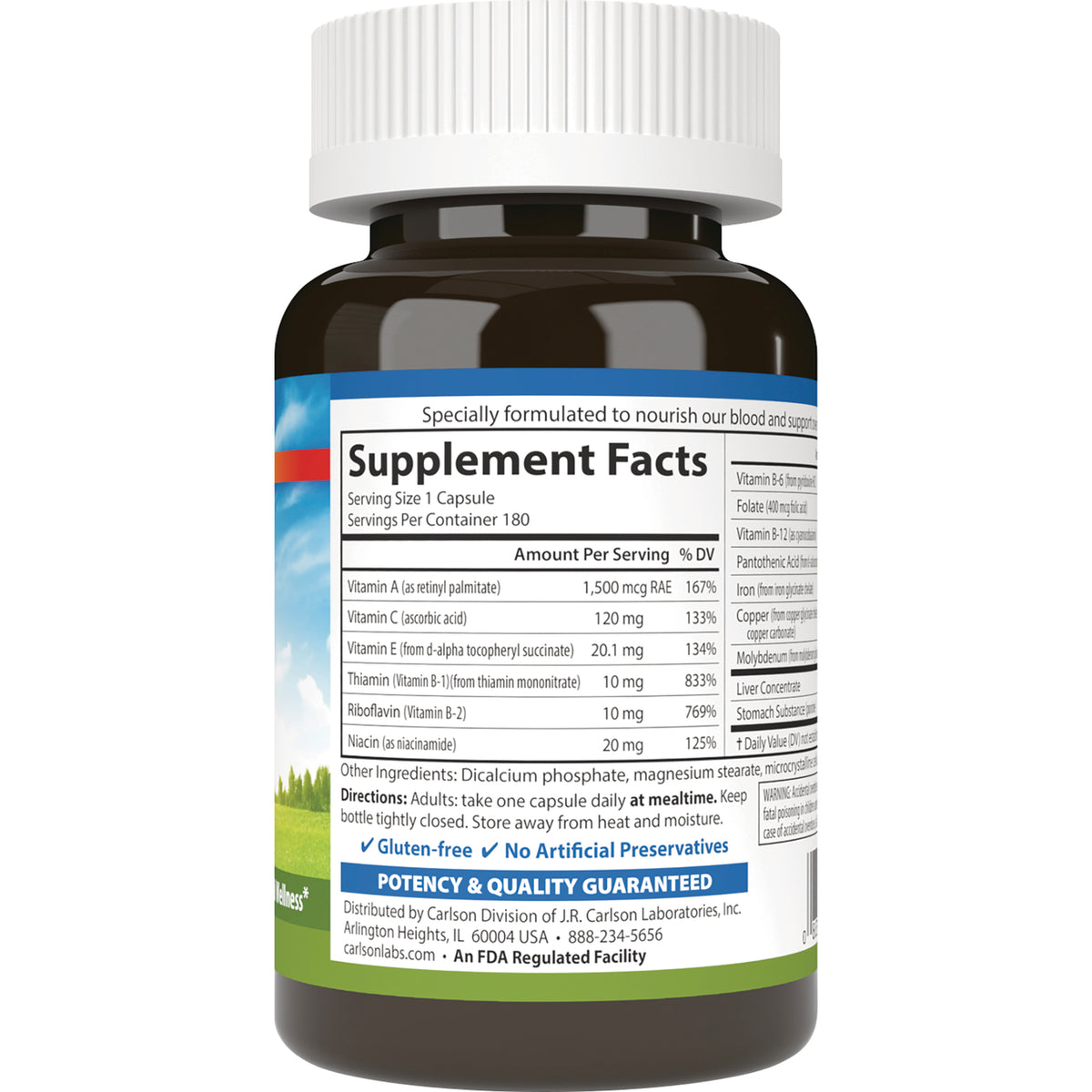Back of brown supplement bottle showing Supplement Facts panel and nutrition facts table
