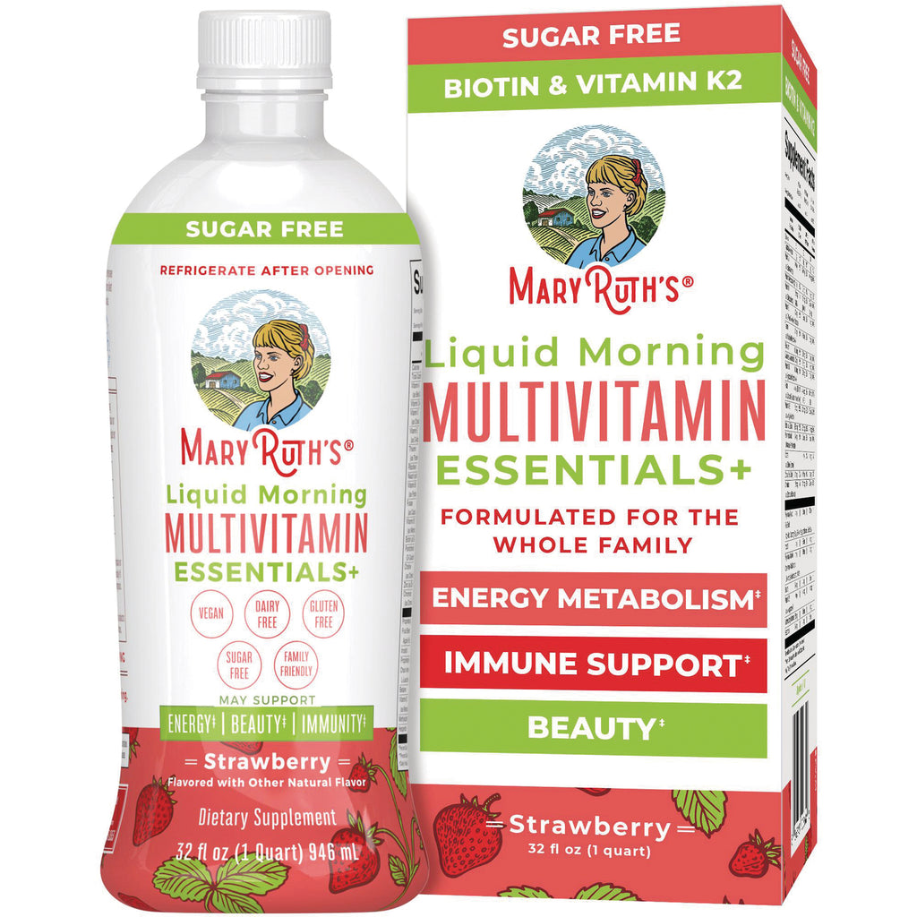 MRR025 | MaryRuth's Liquid Morning Multivitamin Essentials+ strawberry bottle and outer box front view - Thumbnail