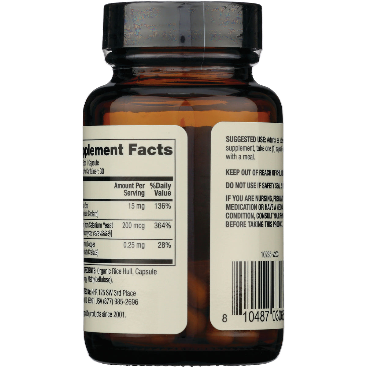 MRC102 | back label of amber supplement bottle showing Supplement Facts panel, warnings and barcode
