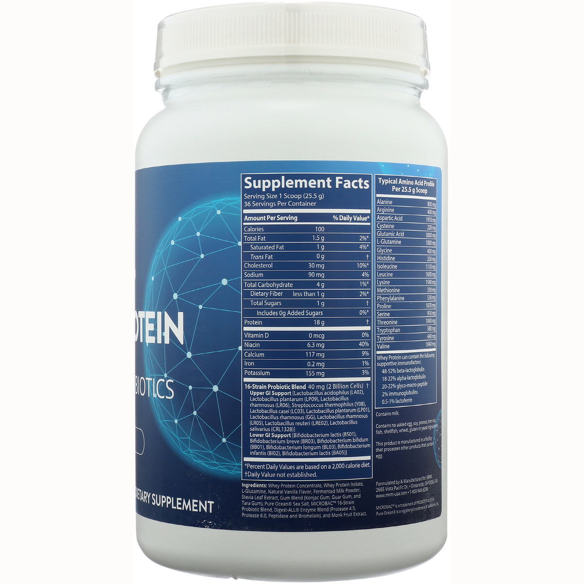 MRM004 | Back label showing Supplement Facts nutrition panel and ingredient text on protein powder tub