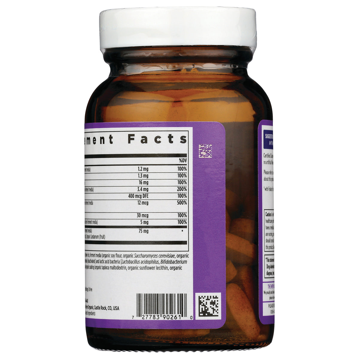 NWC344 | Brown glass bottle back showing Supplement Facts panel, barcode, QR code and purple label