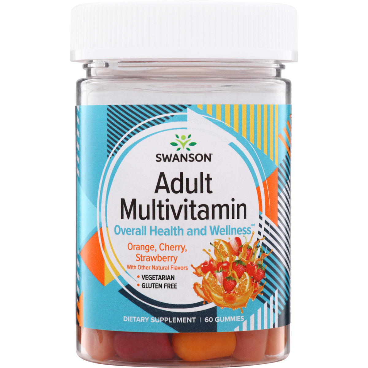 SW1858 | Swanson Adult Multivitamin gummies, orange cherry strawberry, vegetarian, gluten free, 60 gummies
