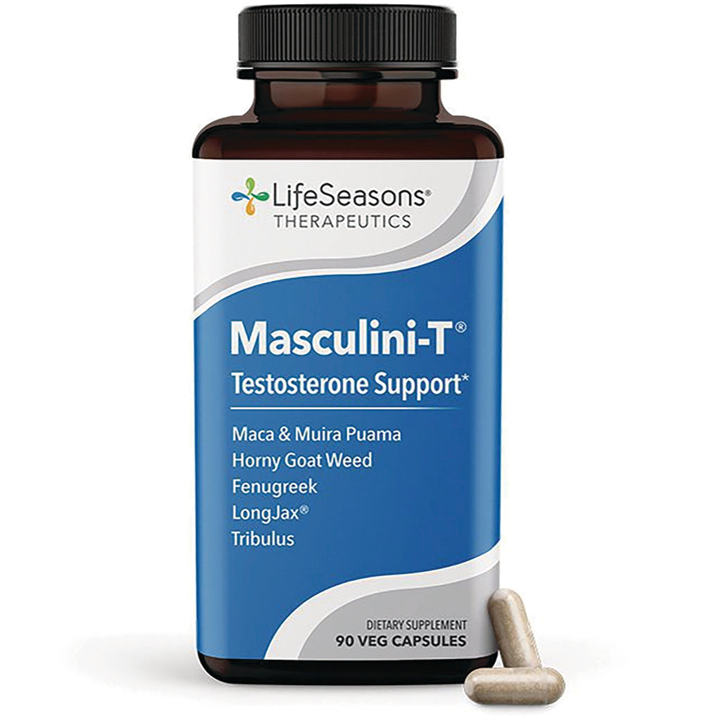 LSS004 | Masculini-T Testosterone Support bottle front labeled 90 veg capsules with two capsules - Thumbnail