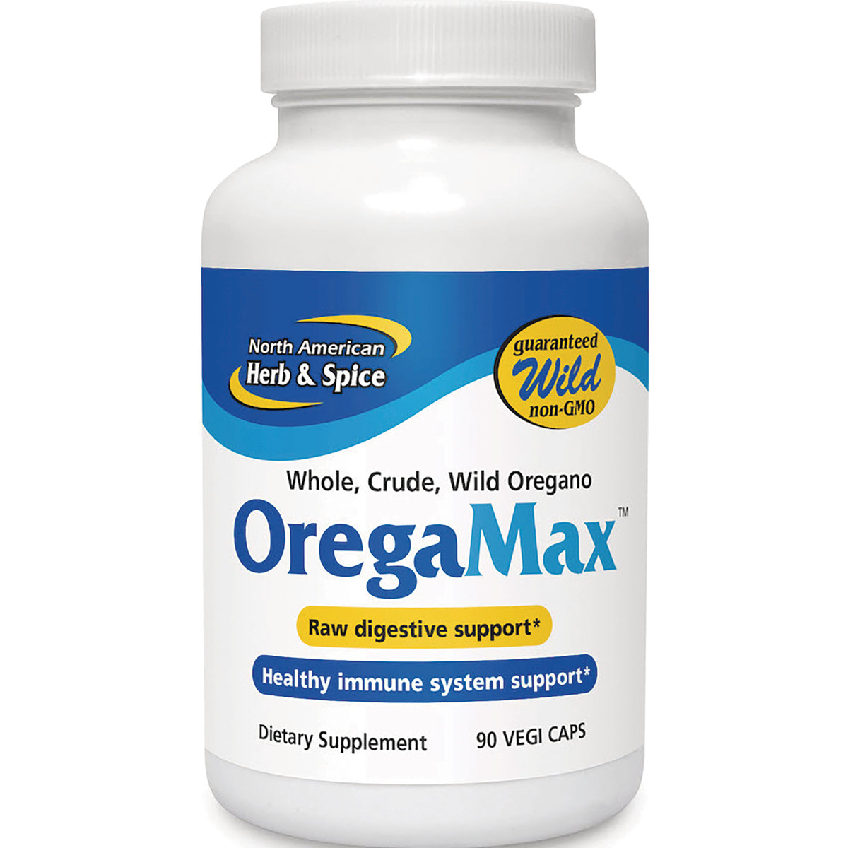 NHS010 | OregaMax bottle front label, wild oregano dietary supplement, 90 vegi caps, digestive and immune support