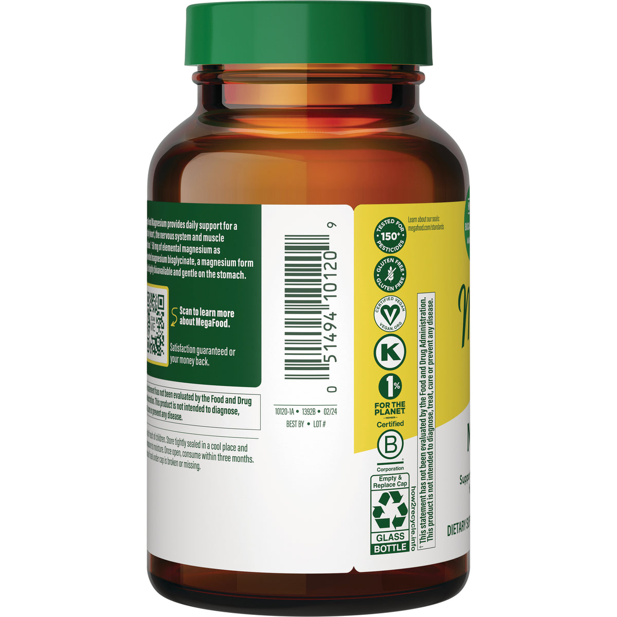 MGF047 | Back label of amber supplement bottle with barcode, certification icons and GLASS BOTTLE recycling symbol