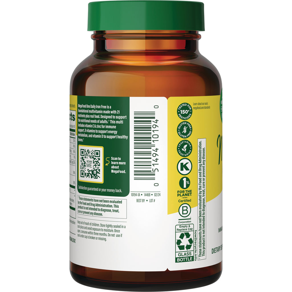 MGF010 | Back of amber supplement bottle showing barcode, QR code, certification icons and recycling glass bottle symbols - Thumbnail