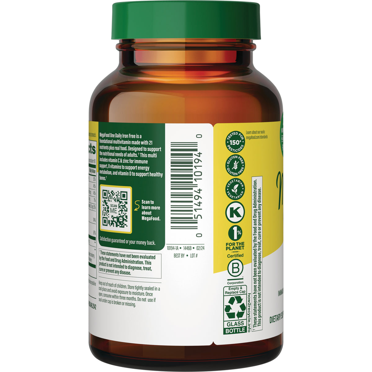 MGF010 | Back of amber supplement bottle showing barcode, QR code, certification icons and recycling glass bottle symbols