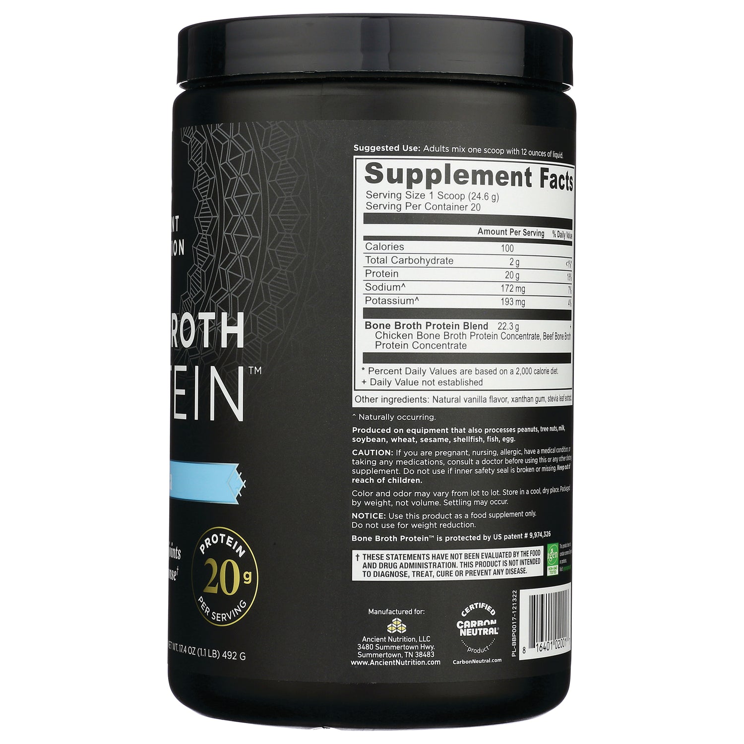 ATN002 | Back label showing Supplement Facts panel and product information on black protein powder tub
