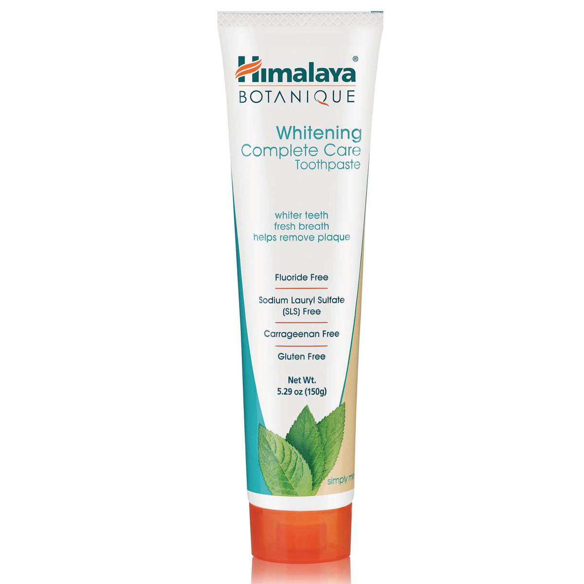 HHH056 | Himalaya Botanique Whitening Complete Care toothpaste tube with mint leaves graphic and fluoride free labeling