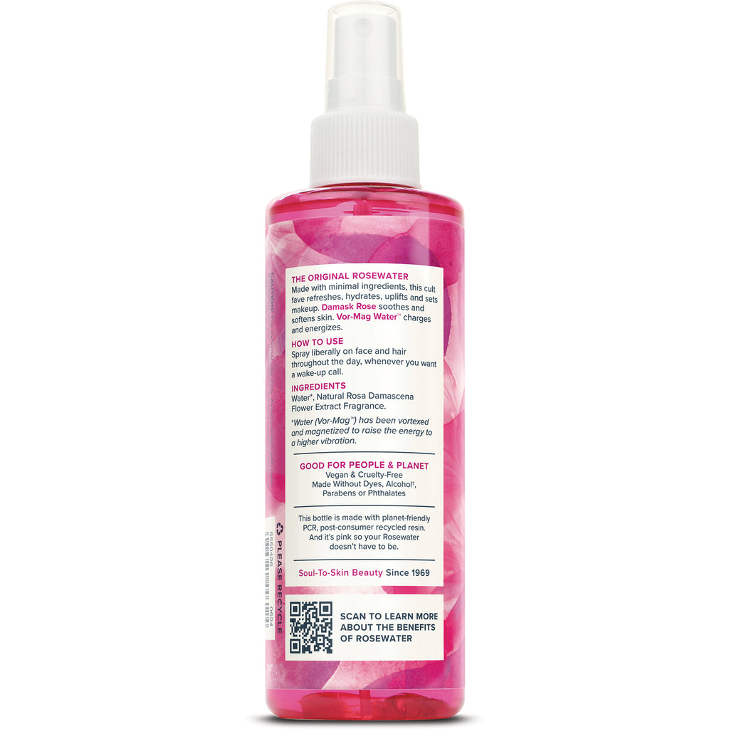 HTG039 | Back label of pink rosewater spray bottle showing ingredients, how-to-use directions and QR code - Thumbnail