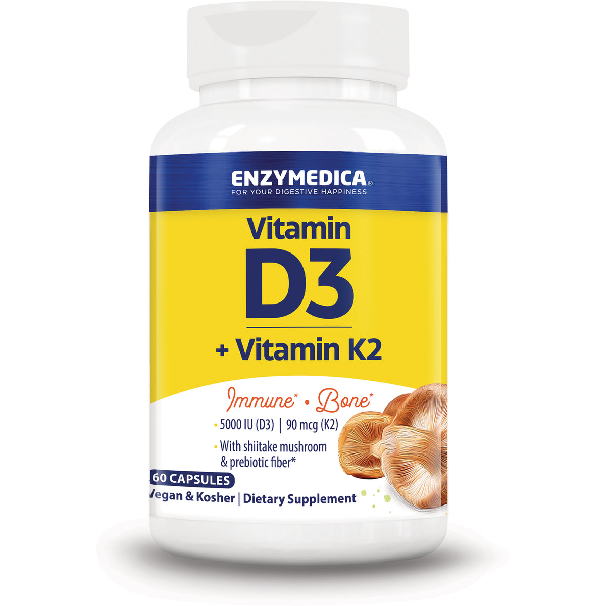 EMD099 | Enzymedica bottle of Vitamin D3 + Vitamin K2 supplement label, 60 capsules, vegan and kosher