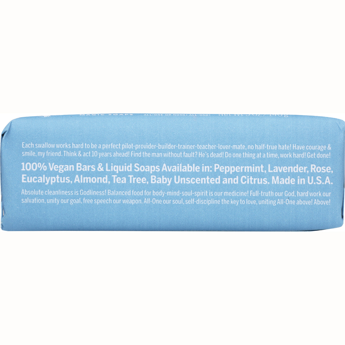 DRB018 | back of blue soap wrapper showing product information and text 100% Vegan Bars & Liquid Soaps Available in Peppermint, Lavender, Rose