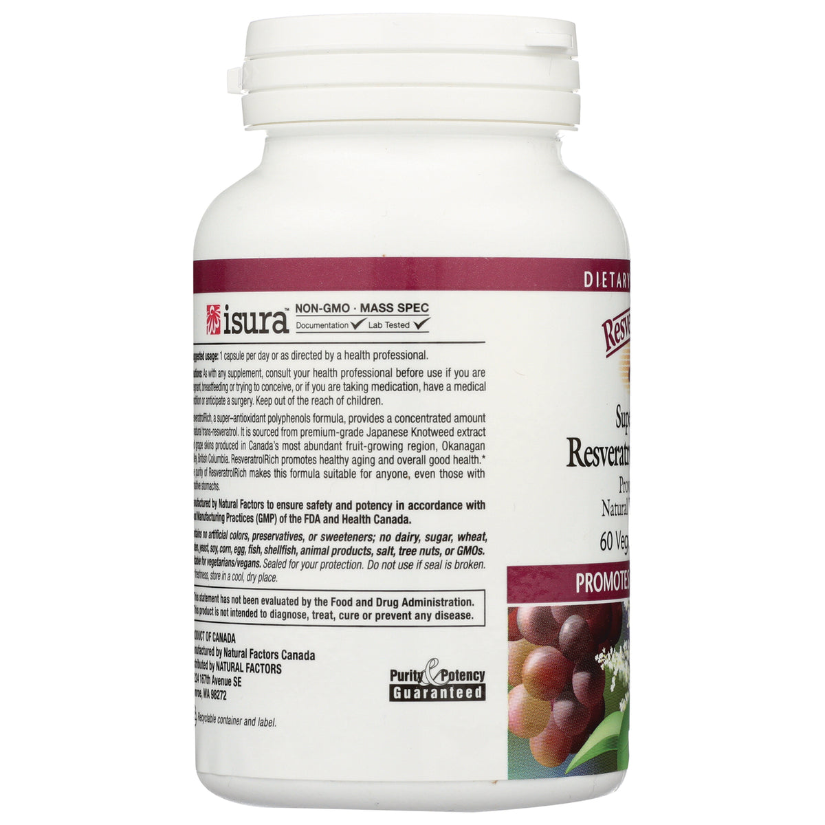NFC080 | white supplement bottle back label with ingredients text and grape product infographic