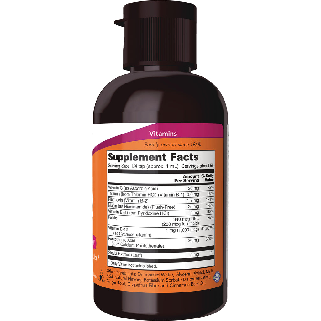 NWF025 | Back of brown vitamin liquid bottle showing Supplement Facts label with ingredients and nutrition panel - Thumbnail