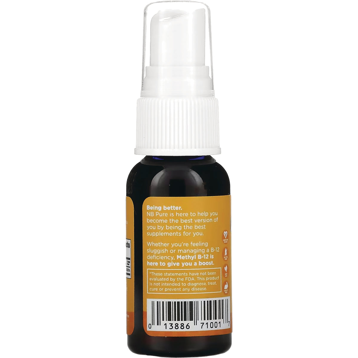 PDV003 | back of small dark spray bottle showing orange label with text Being better and barcode