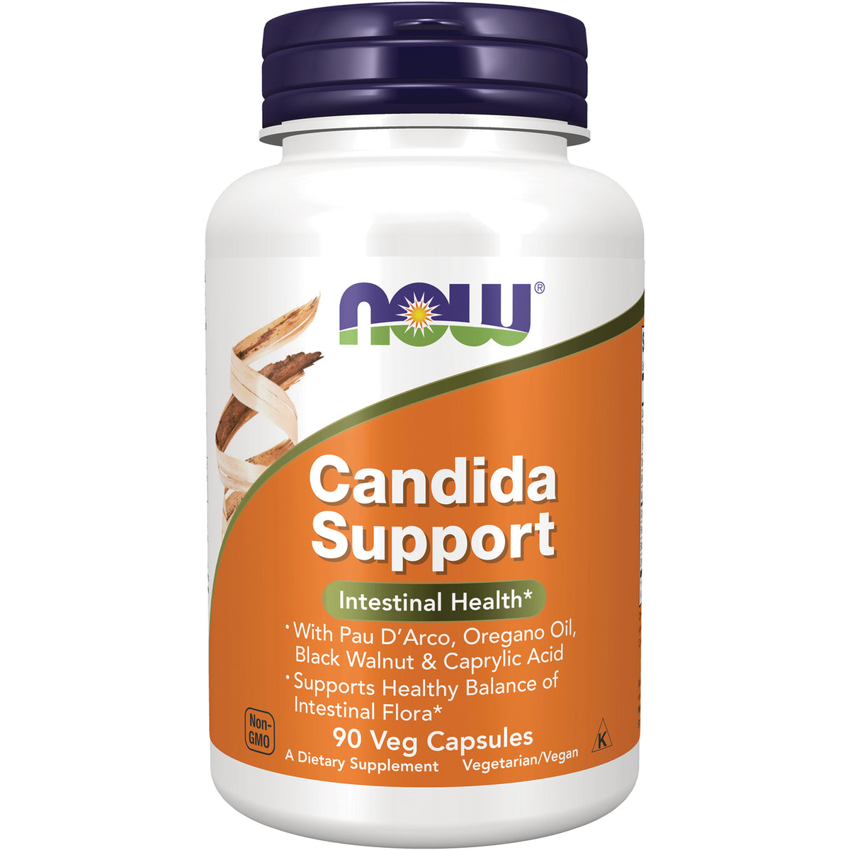 NWF034 | NOW Candida Support bottle with orange label reading Intestinal Health, 90 veg capsules dietary supplement