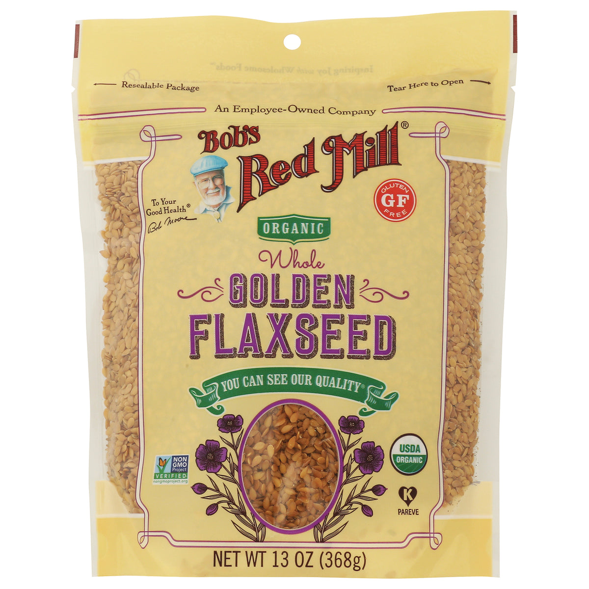 BOB257 | back of yellow bag showing nutrition facts, ingredient text, and barcode for golden flaxseed