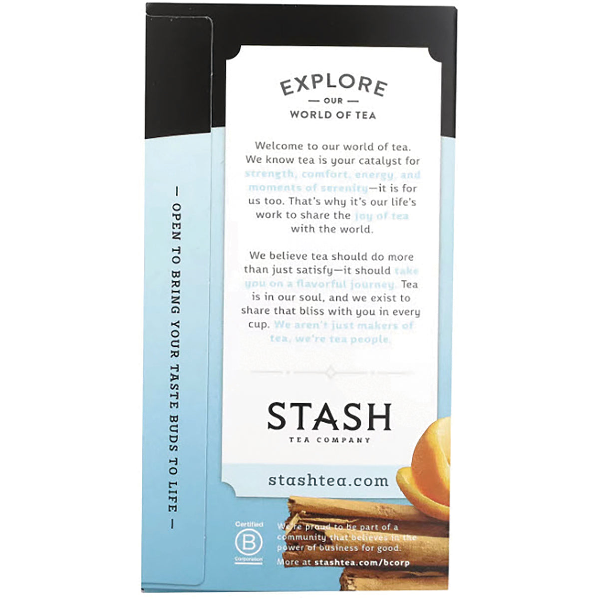 STH011 | Stash Tea box side panel with Explore Our World of Tea message and stashtea.com