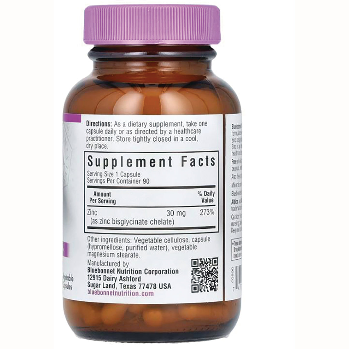 BLU069 | Back of amber supplement bottle showing Supplement Facts panel with Zinc 30 mg, directions and QR code